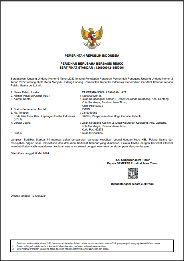 Sertifikat Standar Terverifikasi Catering Ketabang Kali